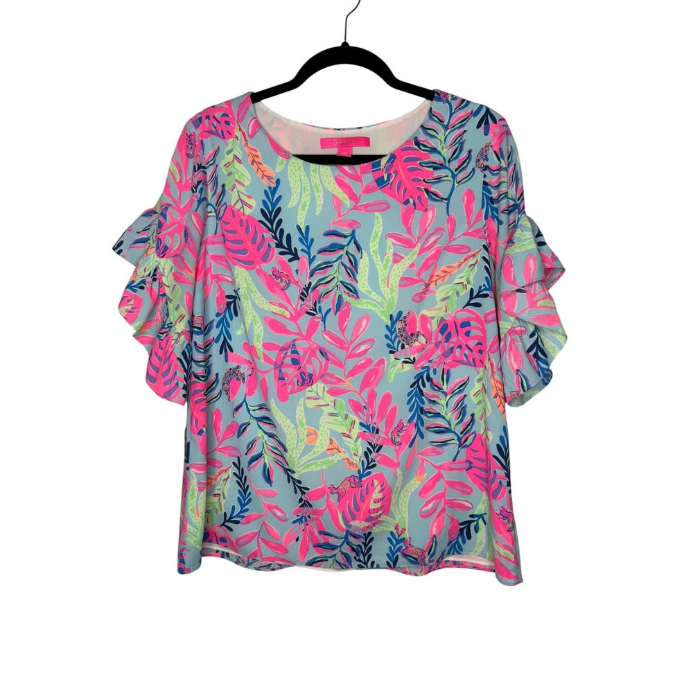 Lilly Pulitzer Darlah Top You've‎ Been Spotted Tropical Ruffle Sleeve Blouse Med